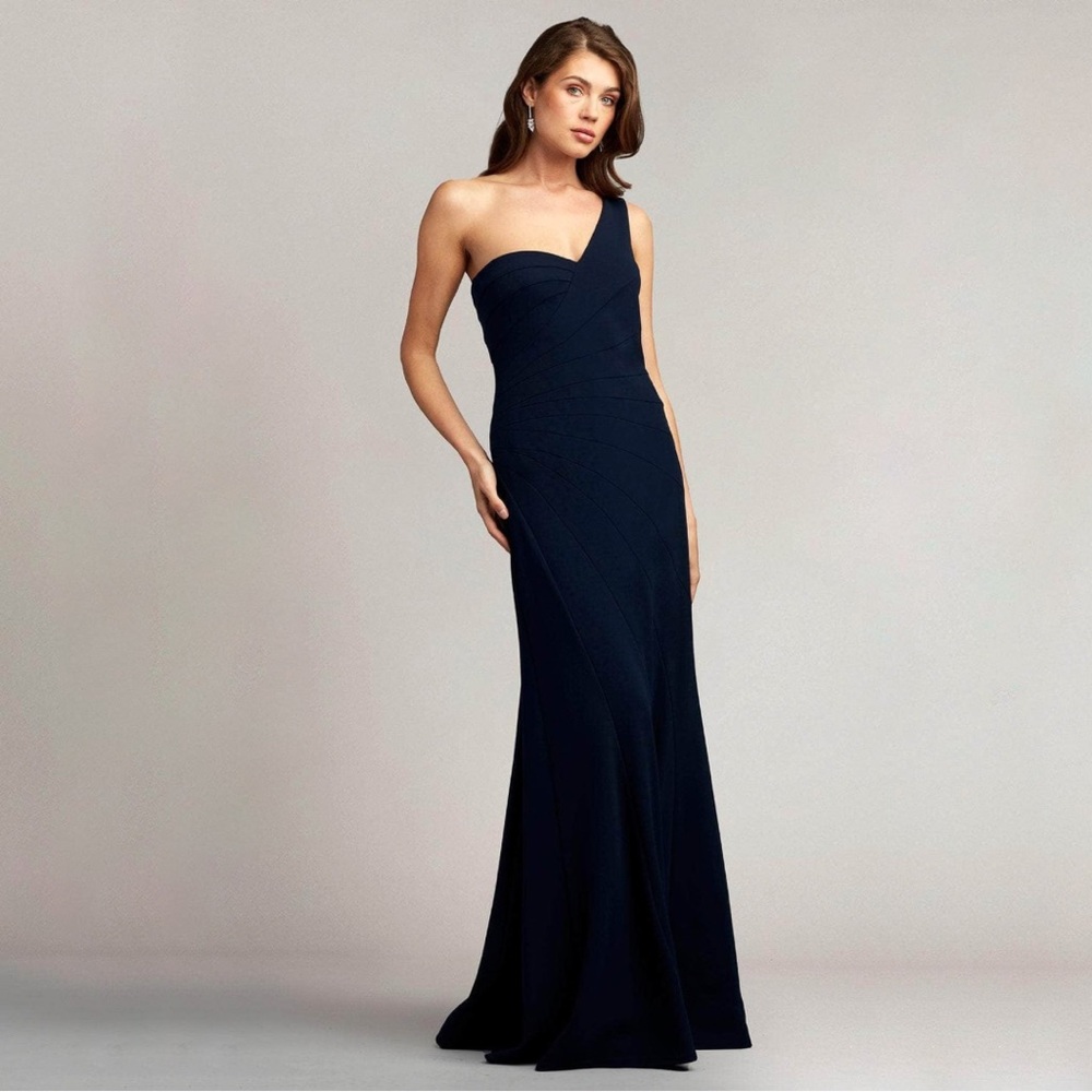 Tadashi Shoji One Sleeve A-line Evening Dress in Midnight (Navy Blue)